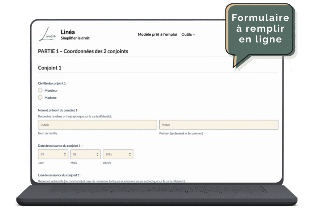 Aperçu du formulaire Linéa à remplir en ligne sur ordinateur portable