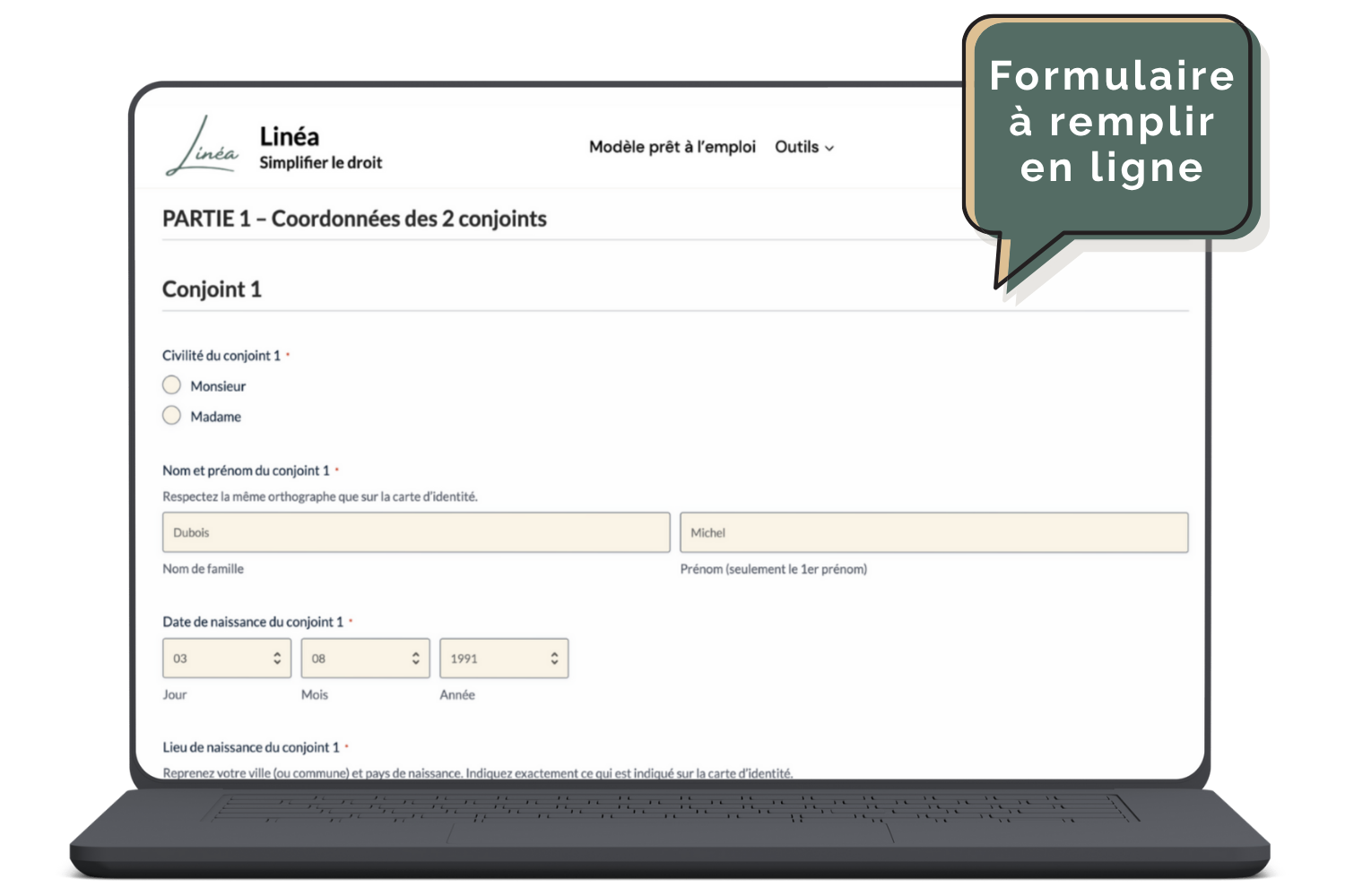 Aperçu du formulaire Linéa à remplir en ligne sur ordinateur portable