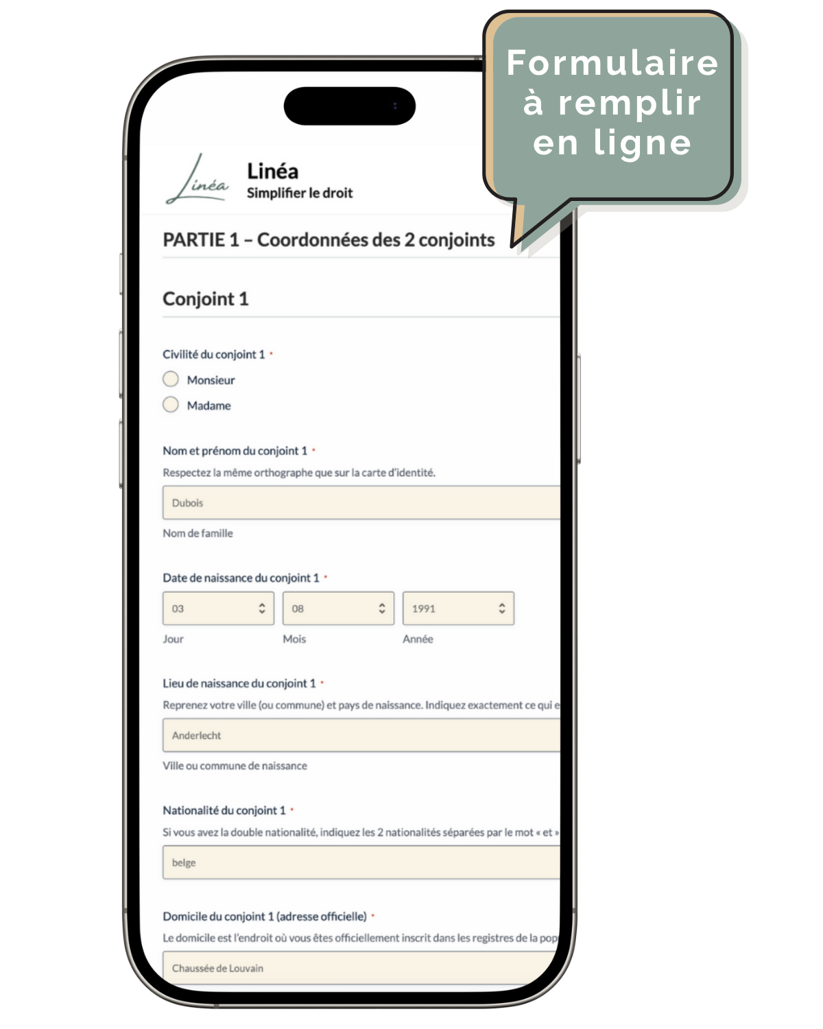 Aperçu du formulaire Linéa à remplir en ligne sur smartphone