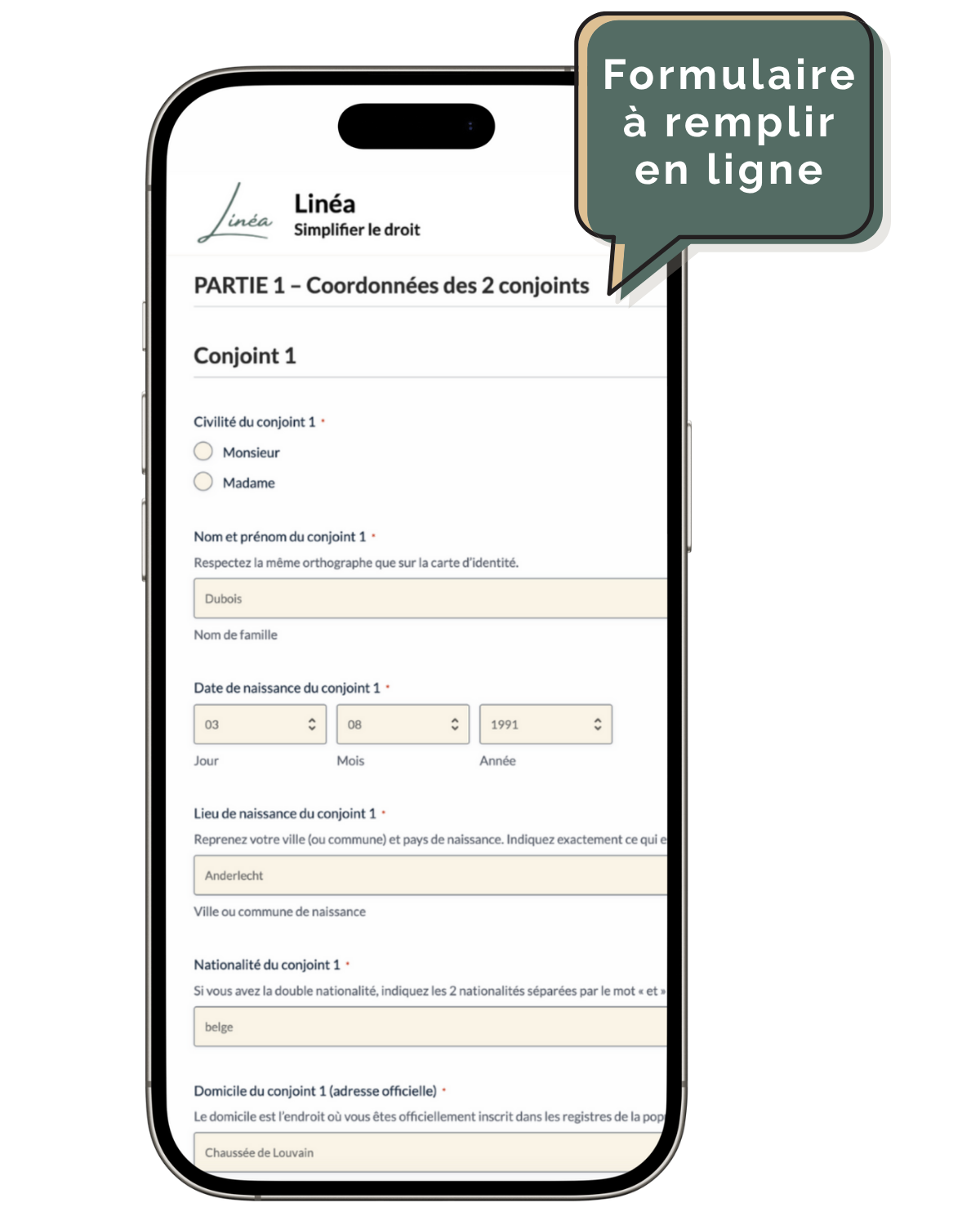 Aperçu du formulaire Linéa à remplir en ligne sur smartphone