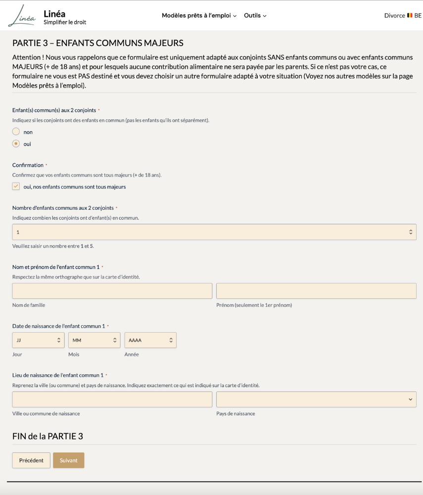 Aperçu du formulaire Linéa à remplir en ligne